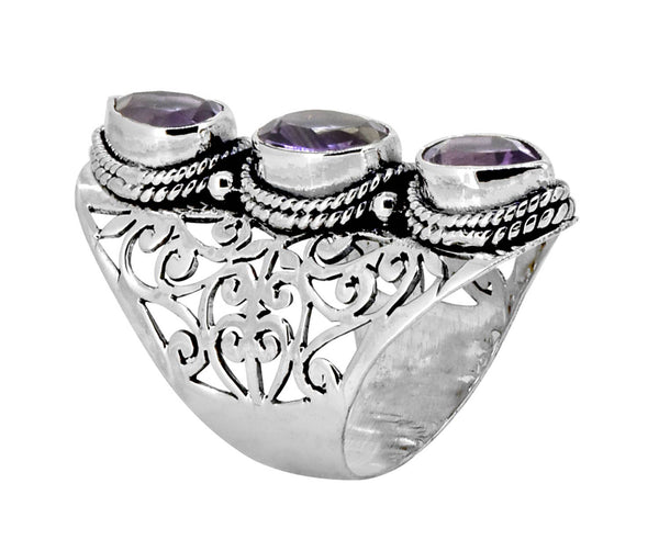 Amethyst 925 Sterling Silver Filigree Three Stone Ring: