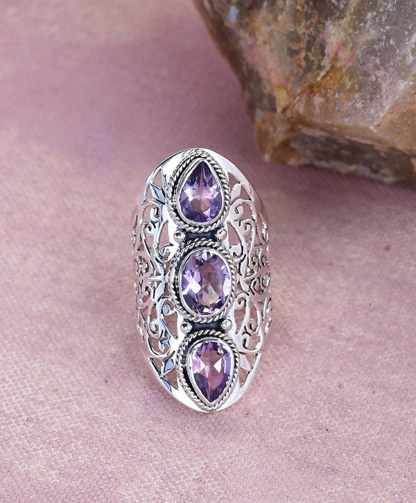 Amethyst 925 Sterling Silver Filigree Three Stone Ring: