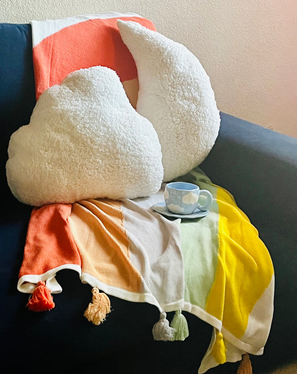 Blanket-Cozy Knit Rainbow with Pom Poms