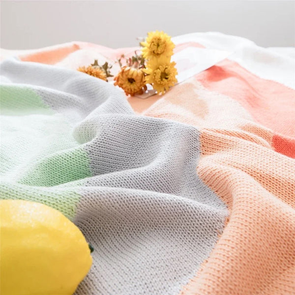 Blanket-Cozy Knit Rainbow with Pom Poms