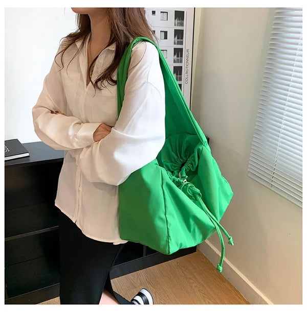 Nylon Drawstring Crossbody Bucket Tote Bag