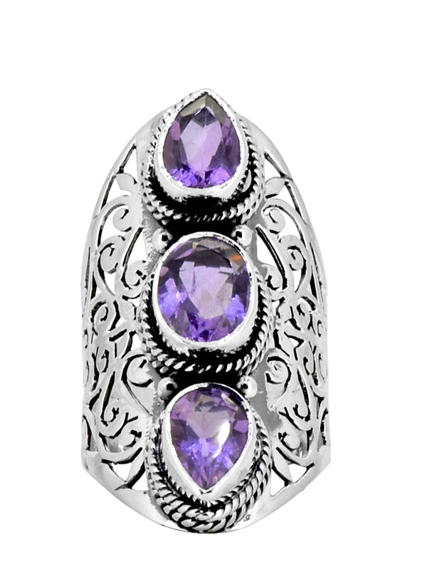 Amethyst 925 Sterling Silver Filigree Three Stone Ring: