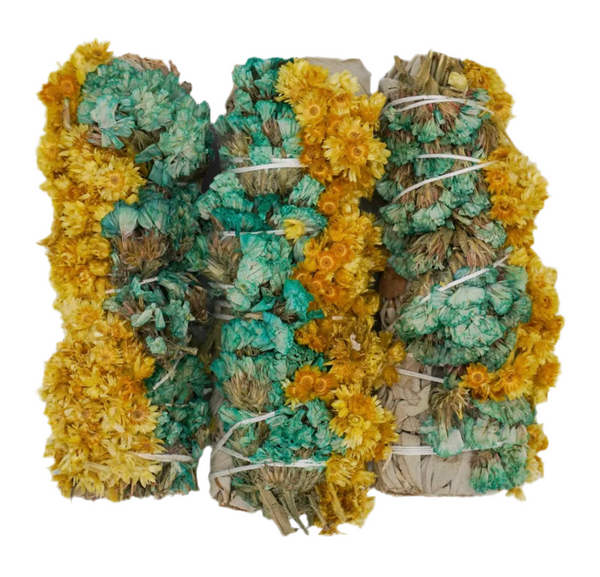Turquoise and Yellow Sinuata Flower with White Sage-Smudge Bundle