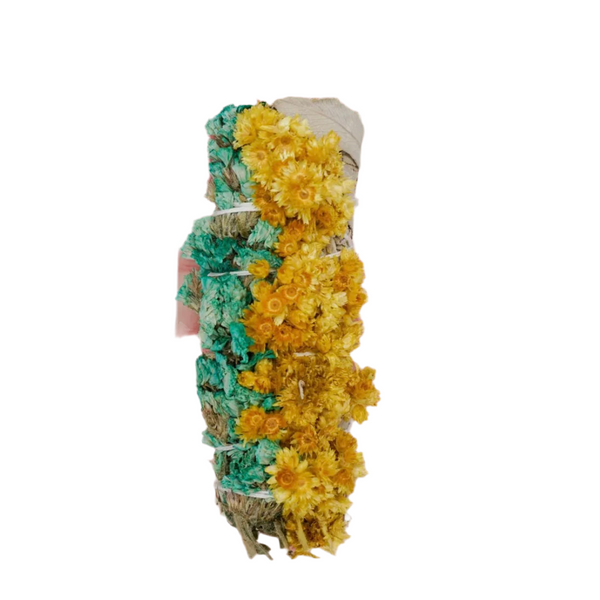 Turquoise and Yellow Sinuata Flower with White Sage-Smudge Bundle