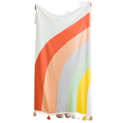 Blanket-Cozy Knit Rainbow with Pom Poms