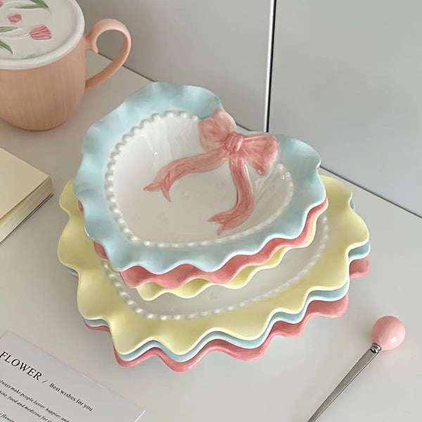 French Bow and Ruffles-Ceramic Plate & Bowl Set