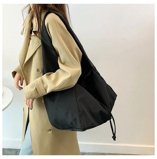 Nylon Drawstring Crossbody Bucket Tote Bag