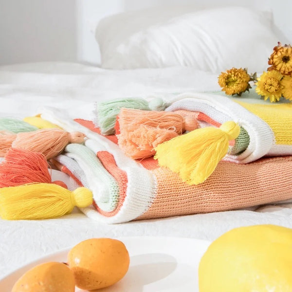 Blanket-Cozy Knit Rainbow with Pom Poms