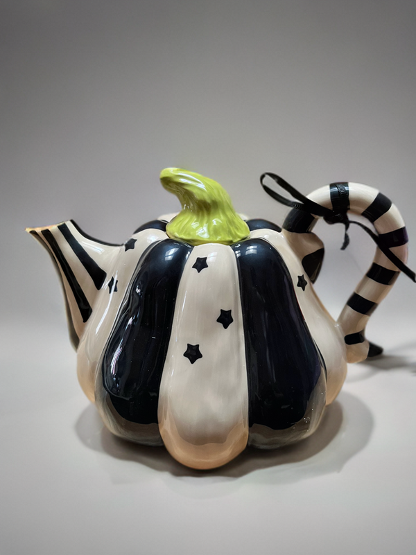 BLACK AND WHITE PUMPKIN TEAPOT-Blue Sky Clayworks