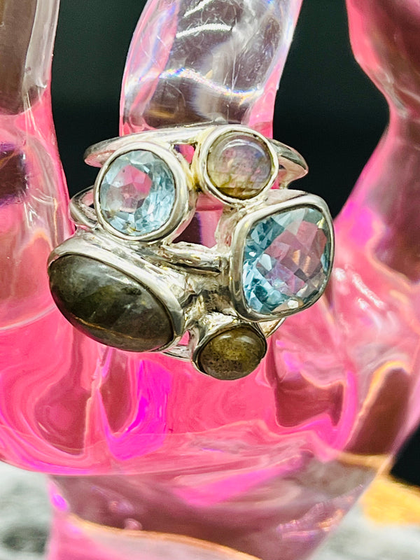 Crystal Ring - Labradorite & Blue Topaz Sterling Silver Split Shank Ring