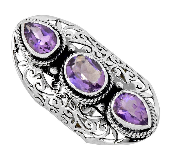 Amethyst 925 Sterling Silver Filigree Three Stone Ring: