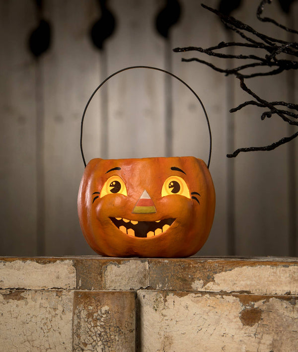 Bethany Lowe Designs - Happy Candy Corn Pumpkin Bucket Paper Mache Petite