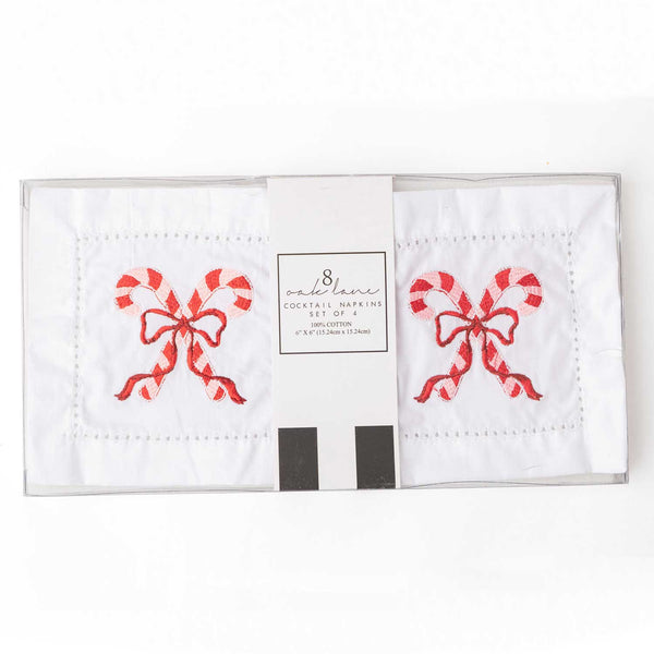 8 Oak Lane - Candy Cane Embroidered Cocktail Napkin Boxed Set