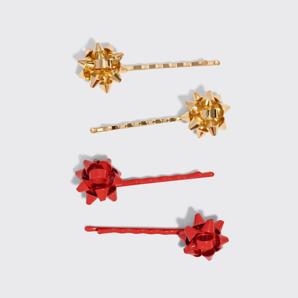 KITSCH - Metal Gift Bow Bobby Pins 4pc Set - Red & Gold