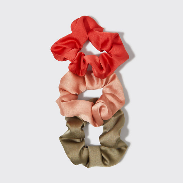 Kitsch-Holiday Ornament Satin Scrunchies 3pc Set- Pinksettia