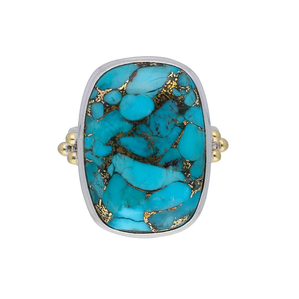 Turquoise stone ring with gold accents on a white background