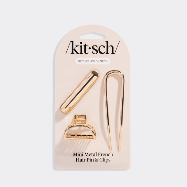 KITSCH - Mini Metal French Hair Pin & Clips 3pc Set - Gold