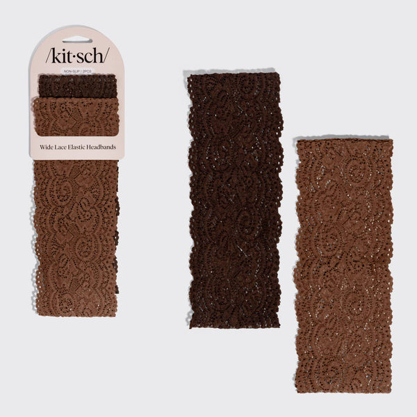 Three widths of Kit-sch wide lace elastic headbands in brown shades, with one headband still on its retail header card and two laid flat against a light gray background.