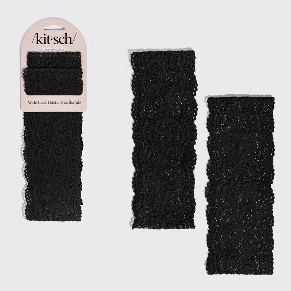 Three black wide lace elastic headbands from the kit-sch/ brand, with one shown on its retail header card and two shown flat against a light gray background.