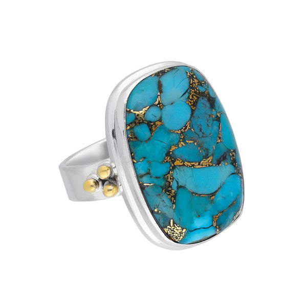 Turquoise ring with gold inclusions on a white background