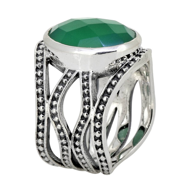 Green Onyx 925 Sterling Silver Wide Band Designer Ring: