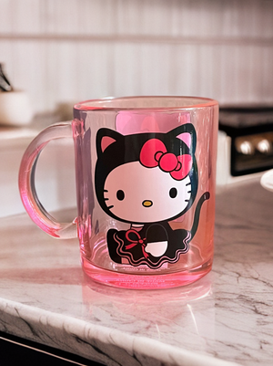 Pretty pink see through glass Hello Kitty cat costume mug.  17.5oz. Collectible 