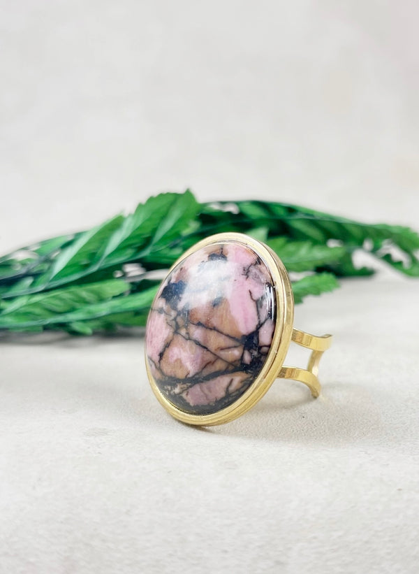 Gold Rhodonite Cabochon Stainless Steel Adjustable Ring