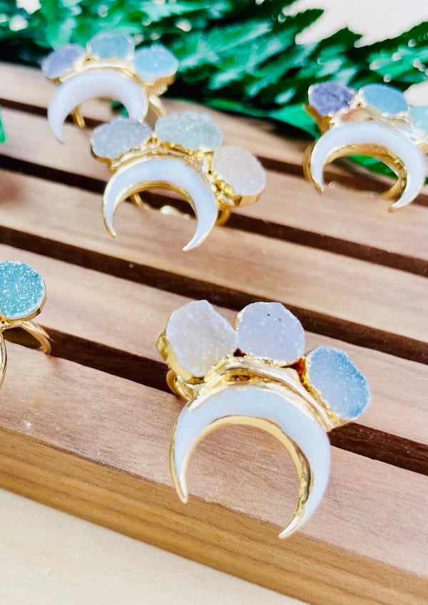 Crystal- Druzy and White Shell Crescent Moon Gold Adjustable Ring