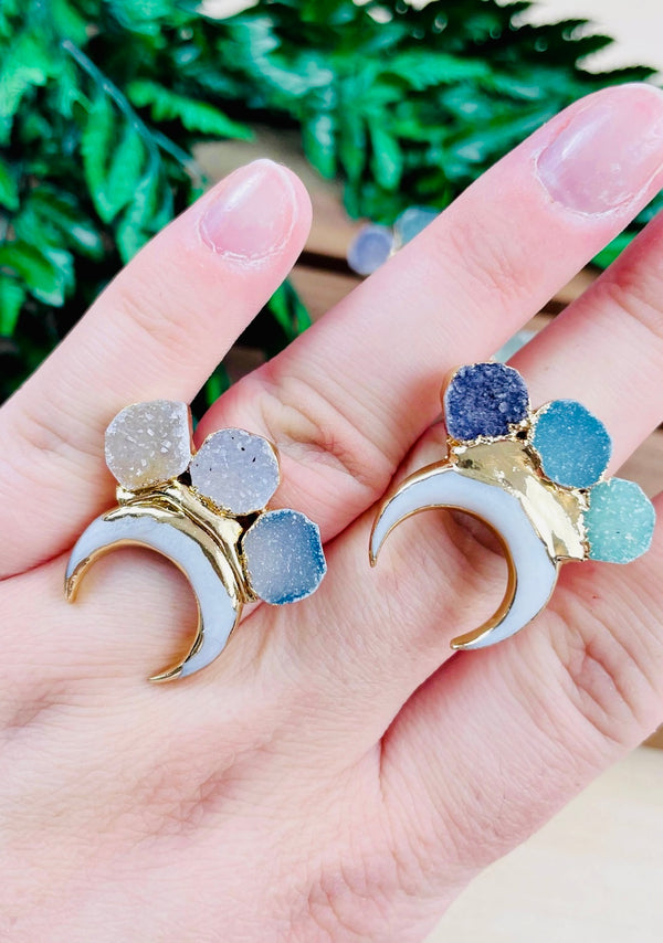 Crystal- Druzy and White Shell Crescent Moon Gold Adjustable Ring