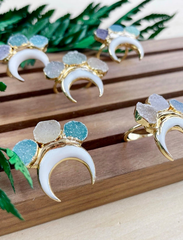 Crystal- Druzy and White Shell Crescent Moon Gold Adjustable Ring