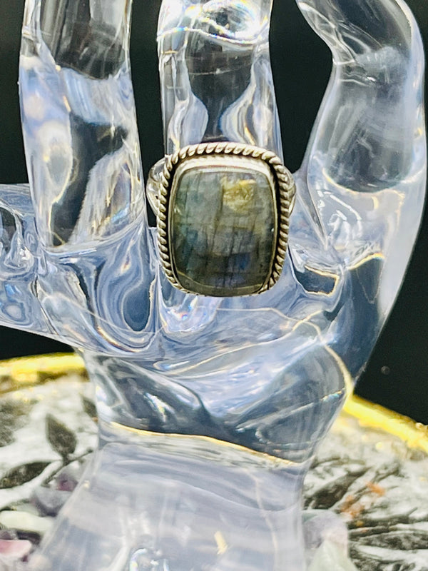 Crystal Ring - Labradorite 925 Sterling Silver Rope Edge-Size 7