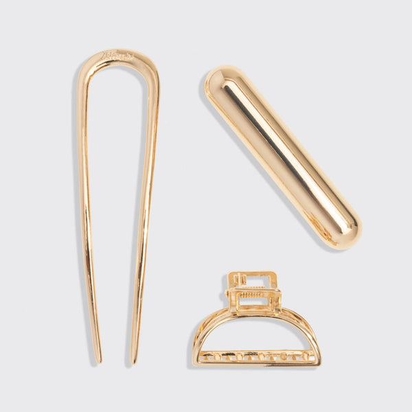 KITSCH - Mini Metal French Hair Pin & Clips 3pc Set - Gold