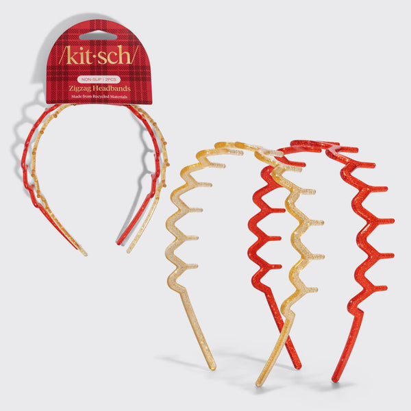Three Kit-sch Zluzag headbands with a red and gold plaid pattern, shown both on their retail packaging and as a set of three on a light gray background.