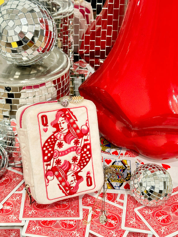 Living Royal - Velvet Jewelry Zip Case / Organizer - Queen of Hearts -White