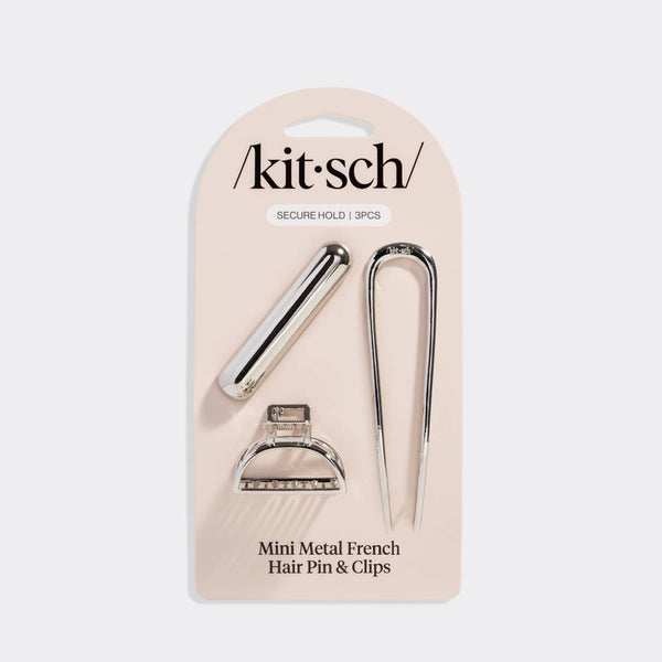 KITSCH - Mini Metal French Hair Pin & Clips 3pc Set - Silver