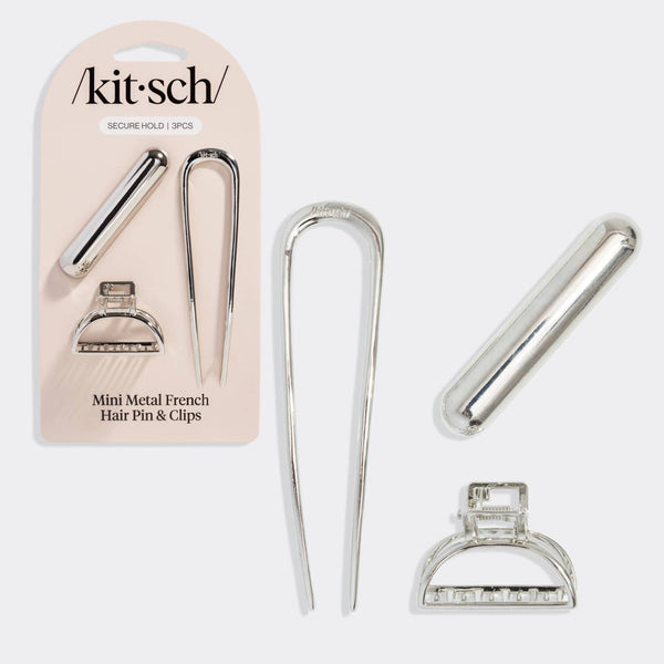 KITSCH - Mini Metal French Hair Pin & Clips 3pc Set - Silver