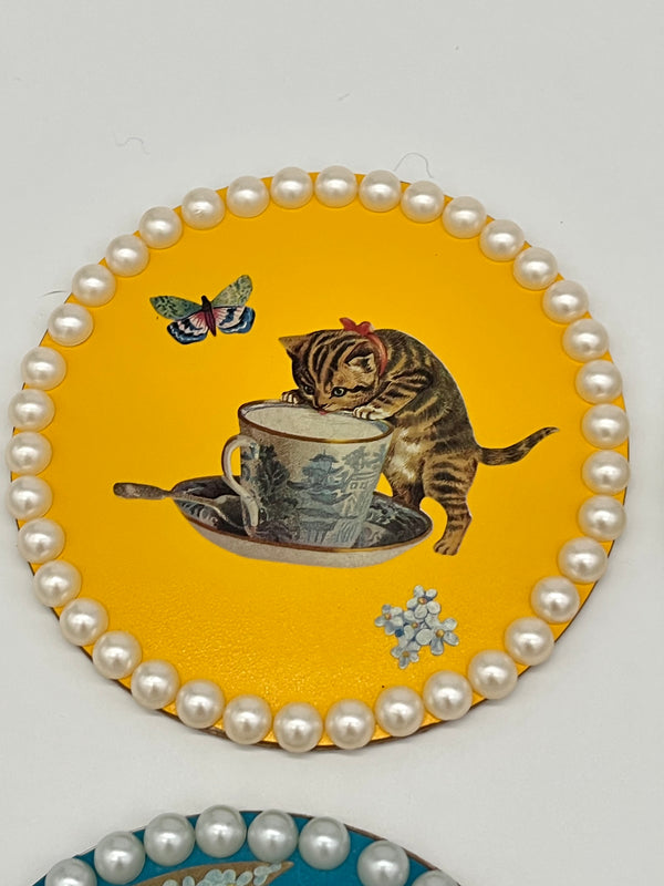 Vintage Print Embellished Kitty Coasters