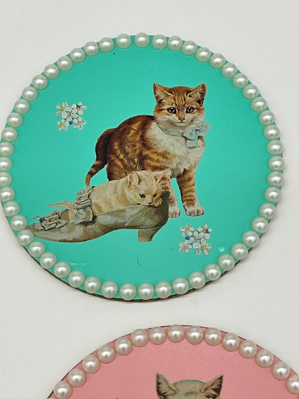 Vintage Print Embellished Kitty Coasters