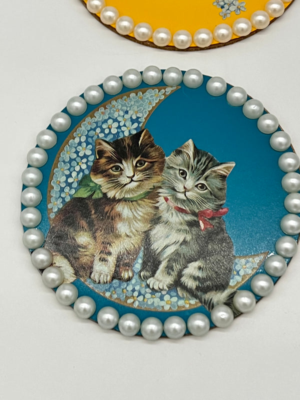 Vintage Print Embellished Kitty Coasters