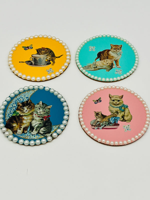 Vintage Print Embellished Kitty Coasters