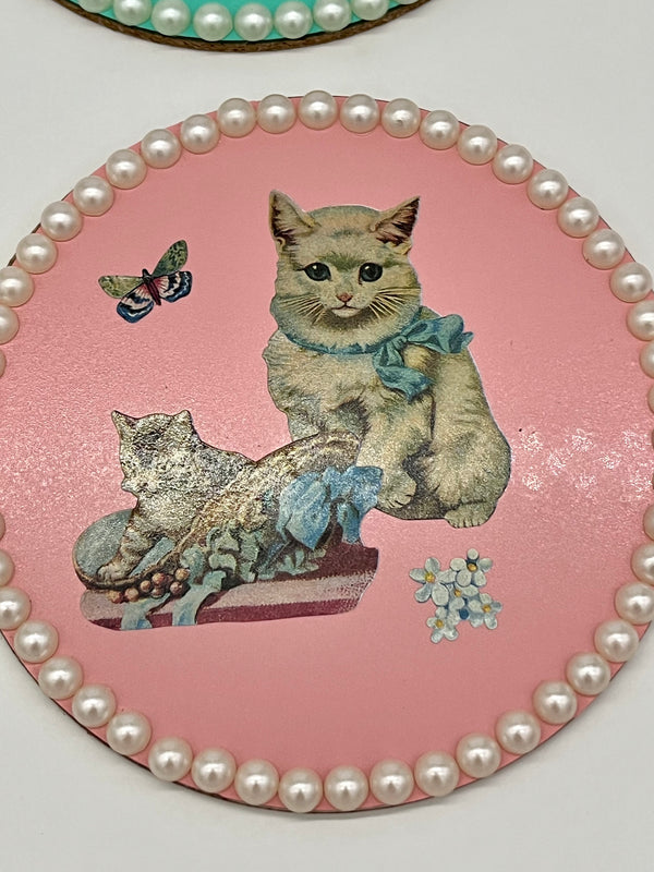 Vintage Print Embellished Kitty Coasters