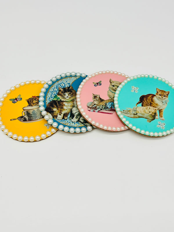 Vintage Print Embellished Kitty Coasters