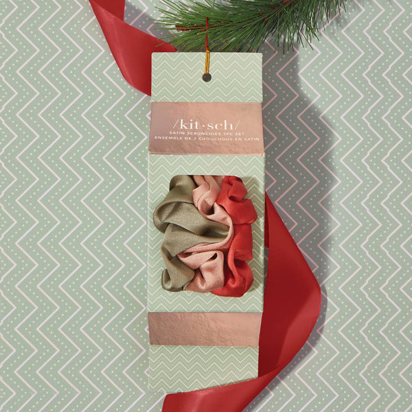 Kitsch-Holiday Ornament Satin Scrunchies 3pc Set- Pinksettia