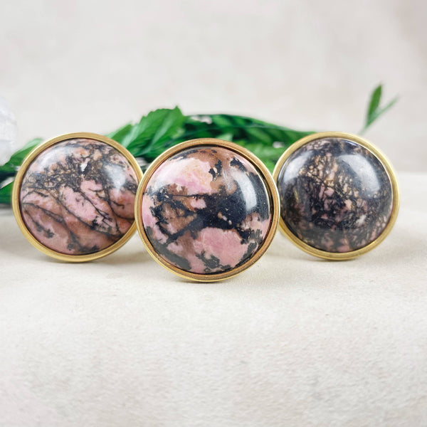 Gold Rhodonite Cabochon Stainless Steel Adjustable Ring